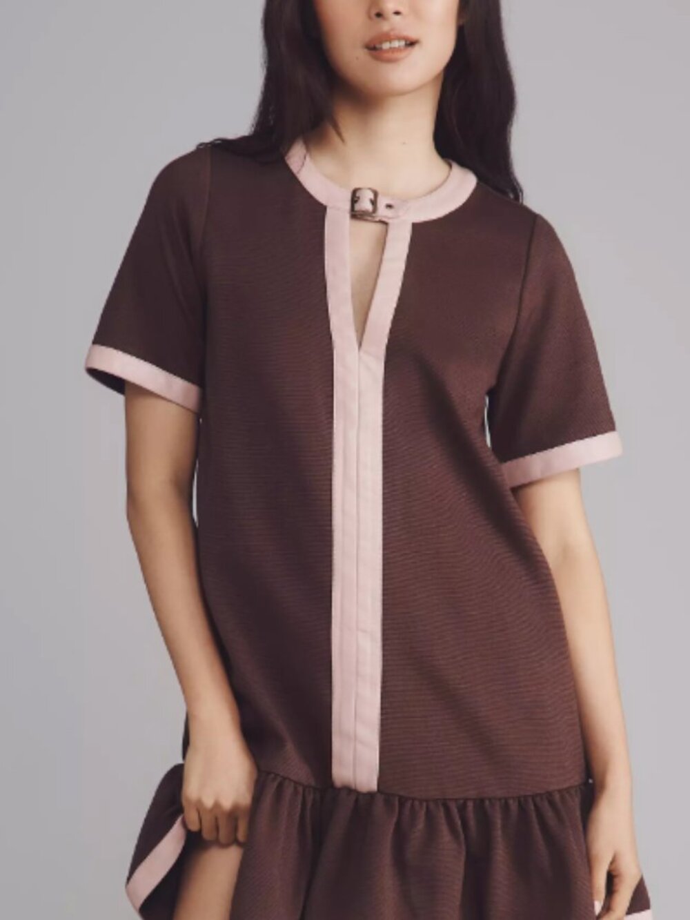 Anthropologie Maeve brown pink Leather-Trim Ruffle Mini Dress Size S NWT